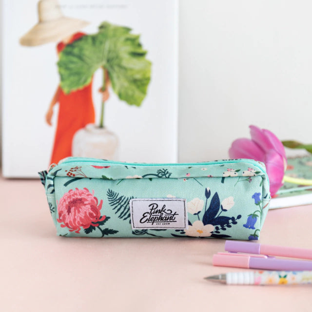 Estuche de tela delgado flores aqua