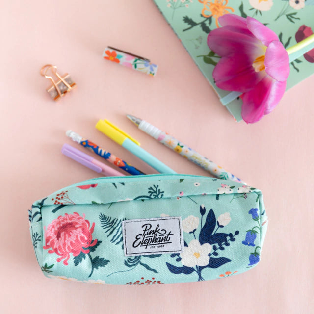 Estuche de tela delgado flores aqua