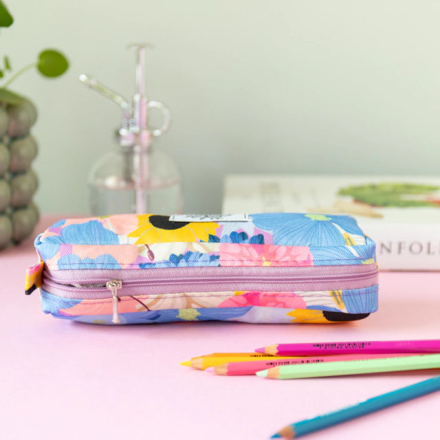 Estuche de tela delgado flores lila