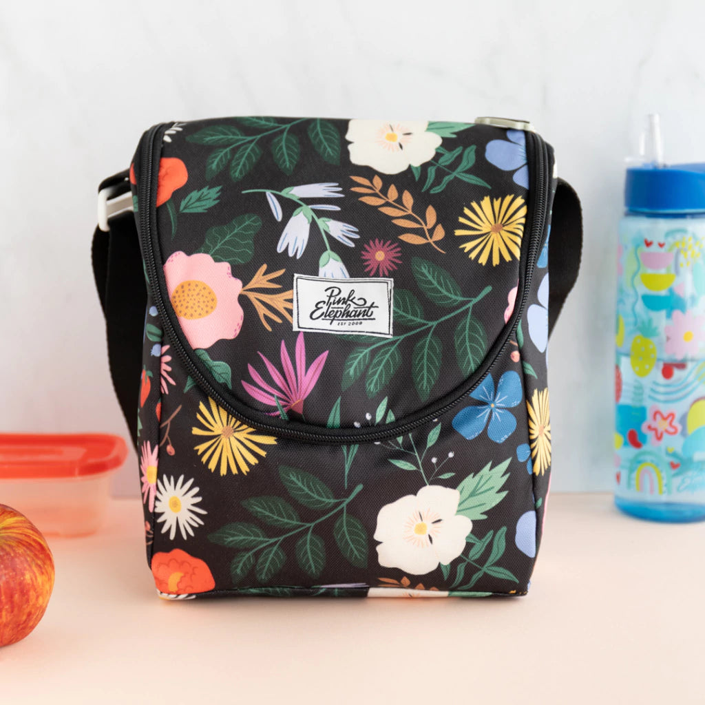 Lonchera de tela grande flores negra
