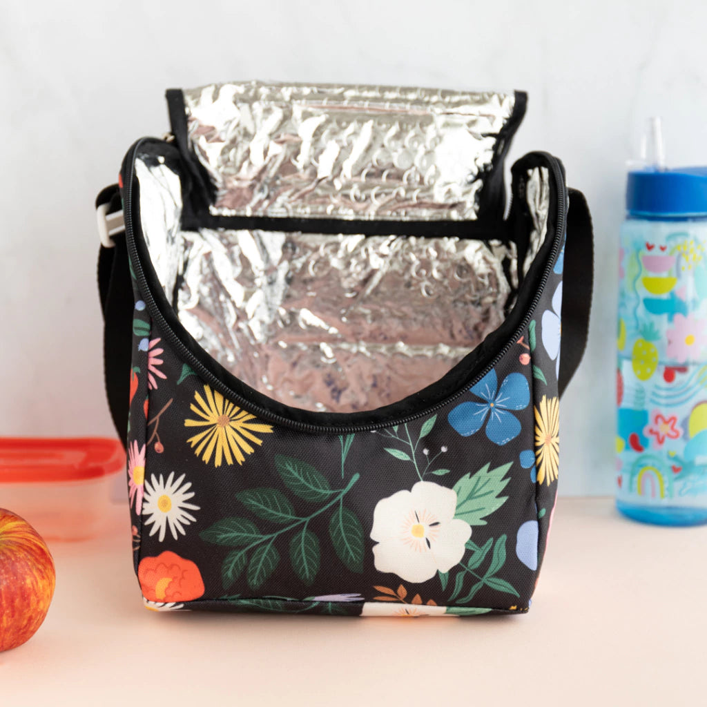 Lonchera de tela grande flores negra