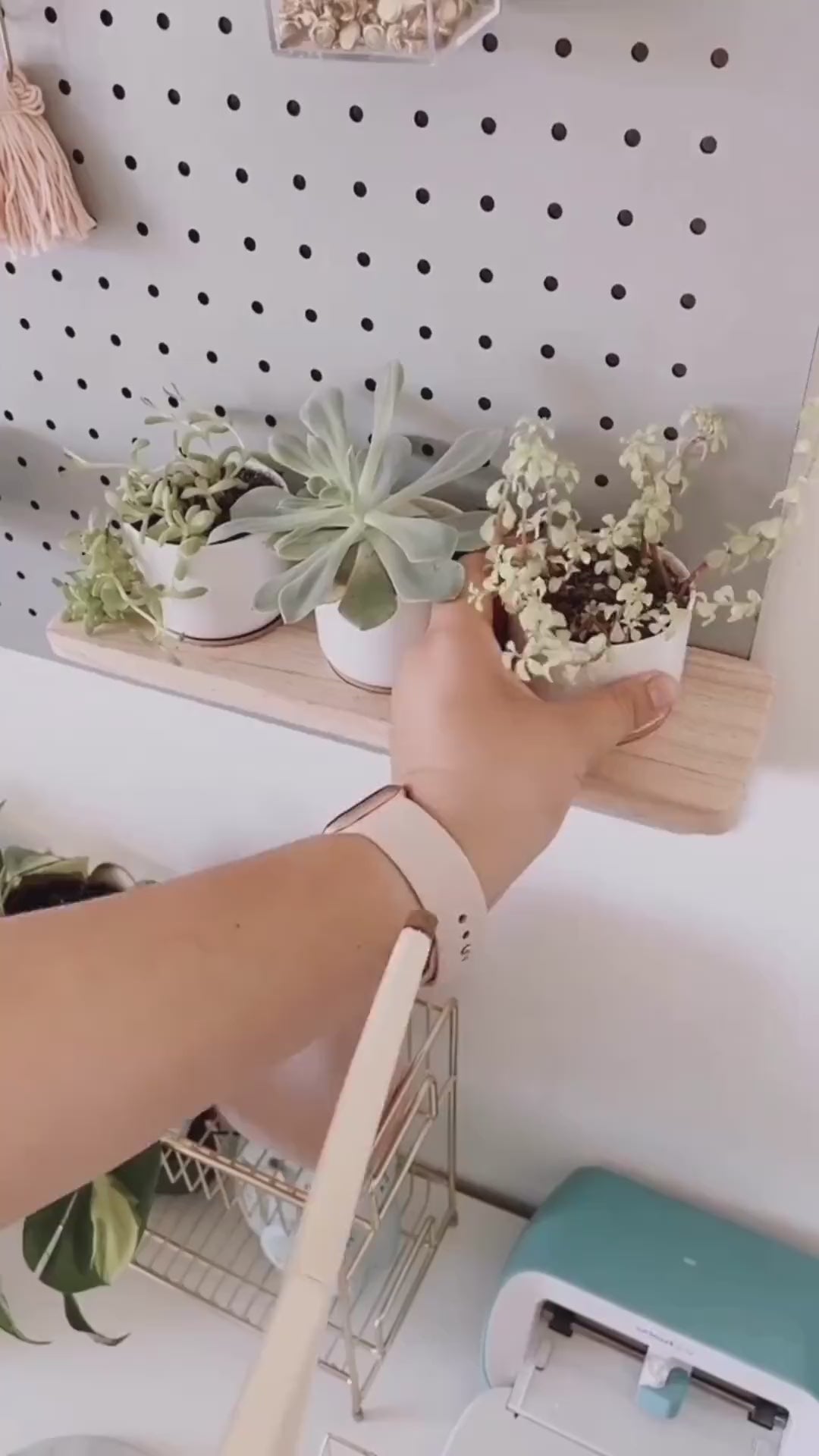 Repisa de madera con maceteros autorregante