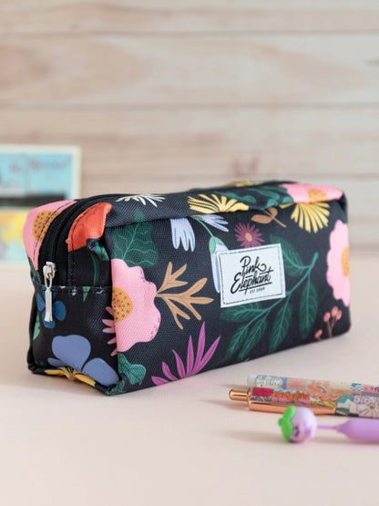 Estuche de tela flores negro