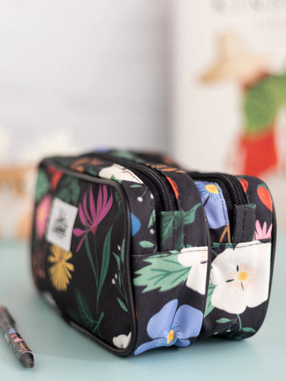 ESTUCHE DOBLE FLORES NEGRO