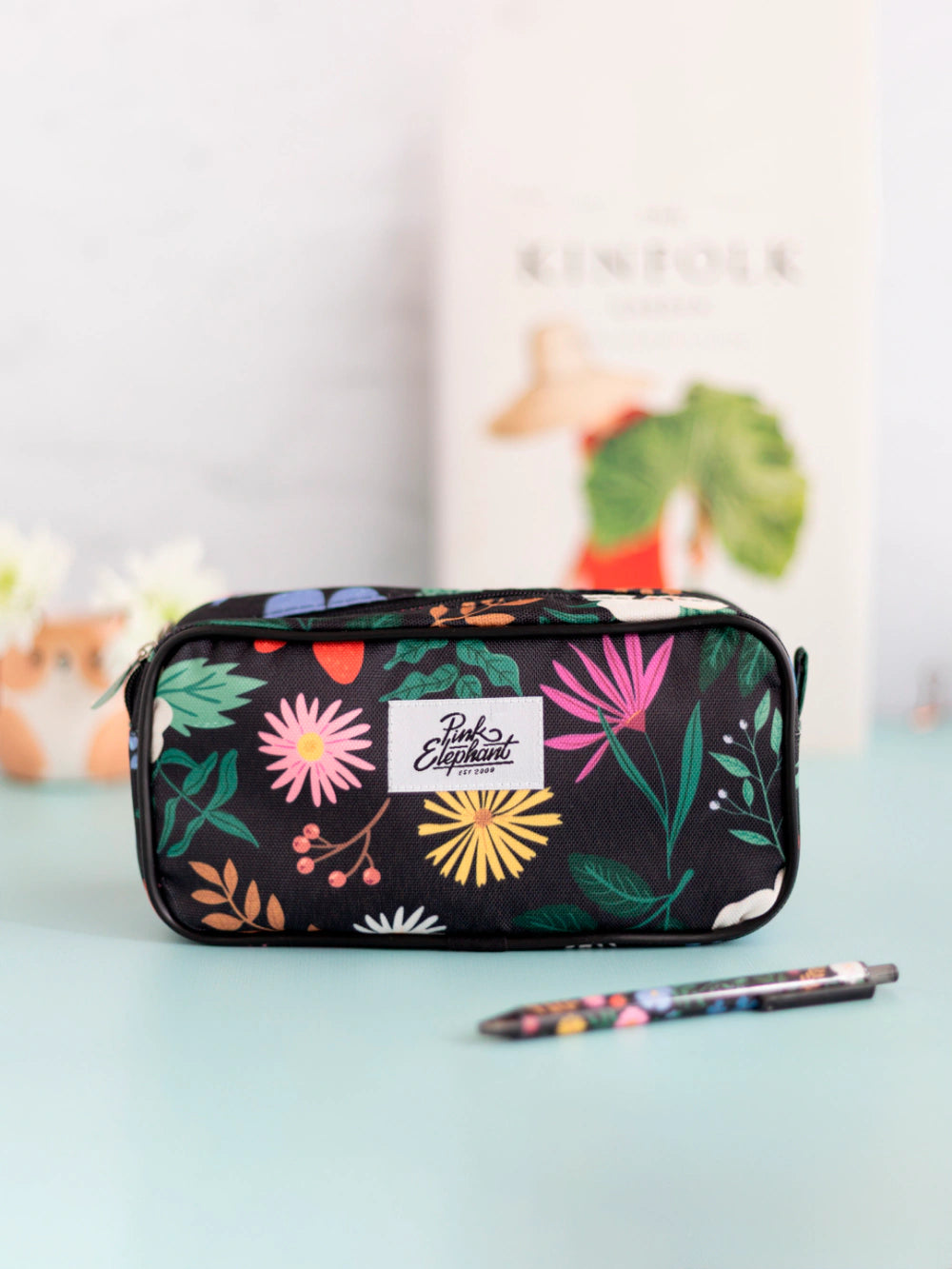 ESTUCHE DOBLE FLORES NEGRO